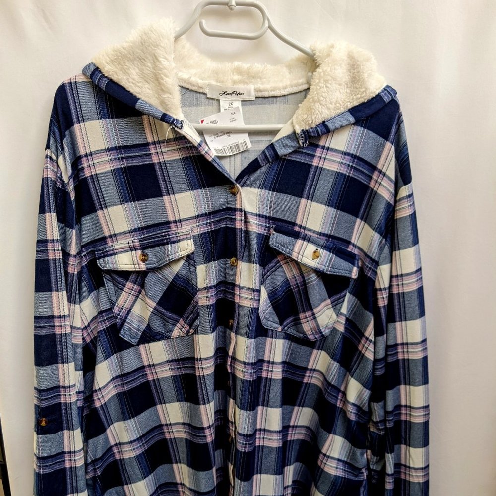 Blue and pink plaid shirt with hood